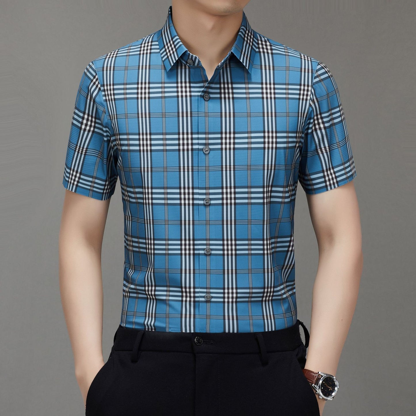 Men's Short-sleeved Shirt Summer Non-marking Non-ironing Youth Short-sleeved Shirt Men's Fashion Plaid Casual Shirt Men's Short-sleeved Shirt
