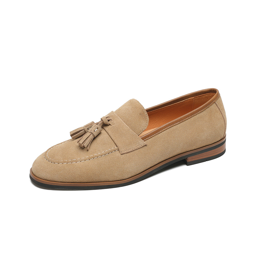 Elegant Gentleman British Retro Handmade Nubuck Leather Slip-On Tassel Loafers for Men, Lazy Casual Beanie Shoes for Men