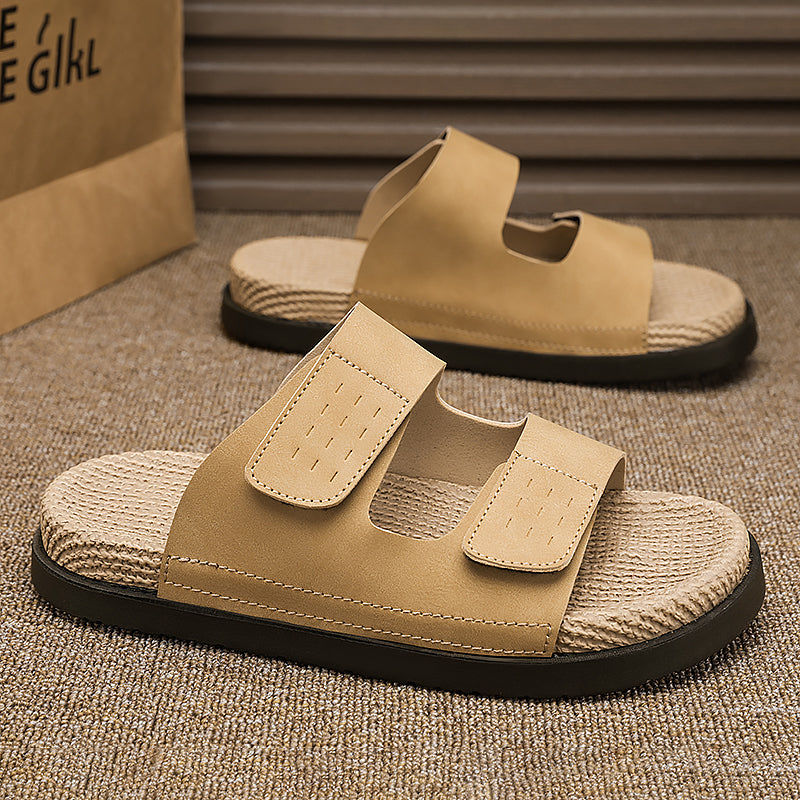 Linen Slippers for Men, Summer Outdoor Wear, Thick-Soled Woven Driving and Casual Sandals for Men