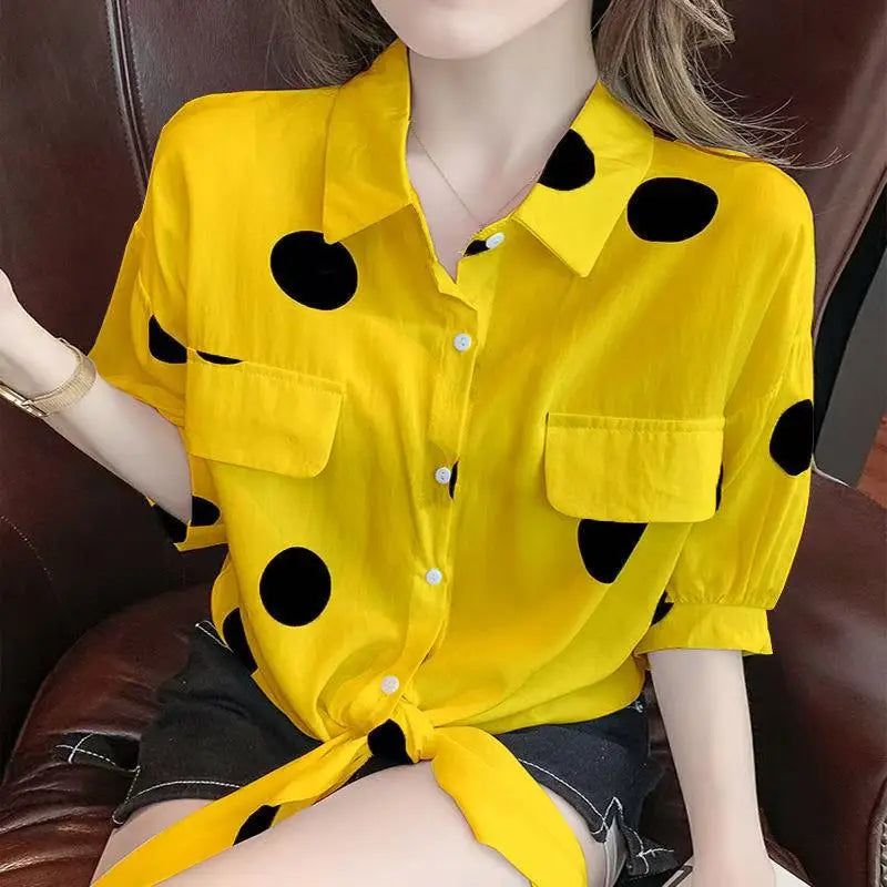 Small Fresh Polka Dot Shirt for Women Summer 2024 New Korean Version Loose Short-Sleeved Top with Lace-Up Chiffon Shirt for Wome