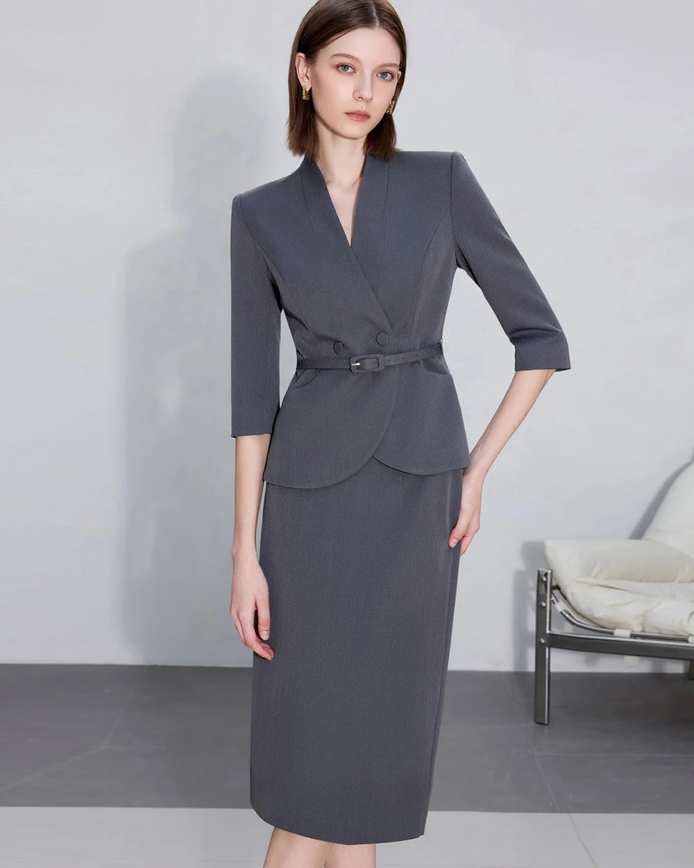 Two-Piece Suit For Women, Navy Blue Luxury Fashion Workplace Two-Piece Skirt Set, Minimalist Elegant Three-Quarter Sleeve Design