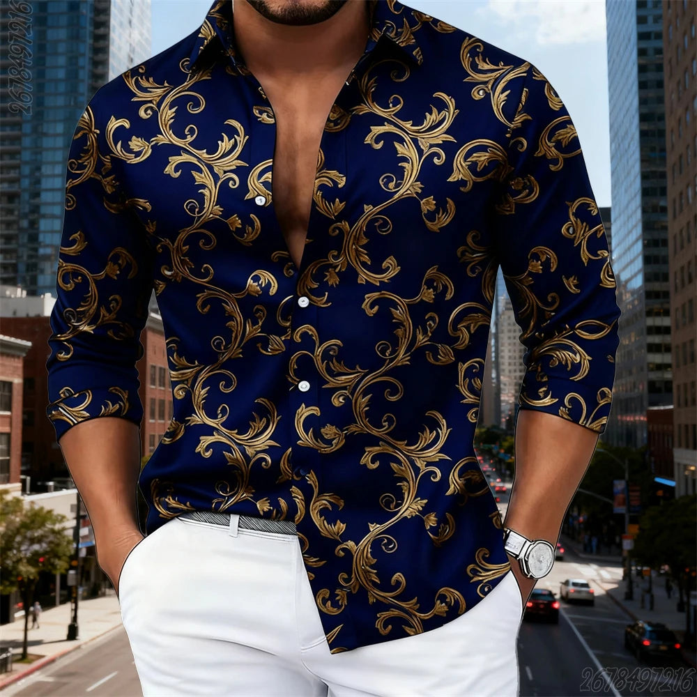16 Colors Men's Luxury Baroque Gold Pattern Long-Sleeved Shirt Fashionable Retro Print Comfortable Non-Iron Large Size Top