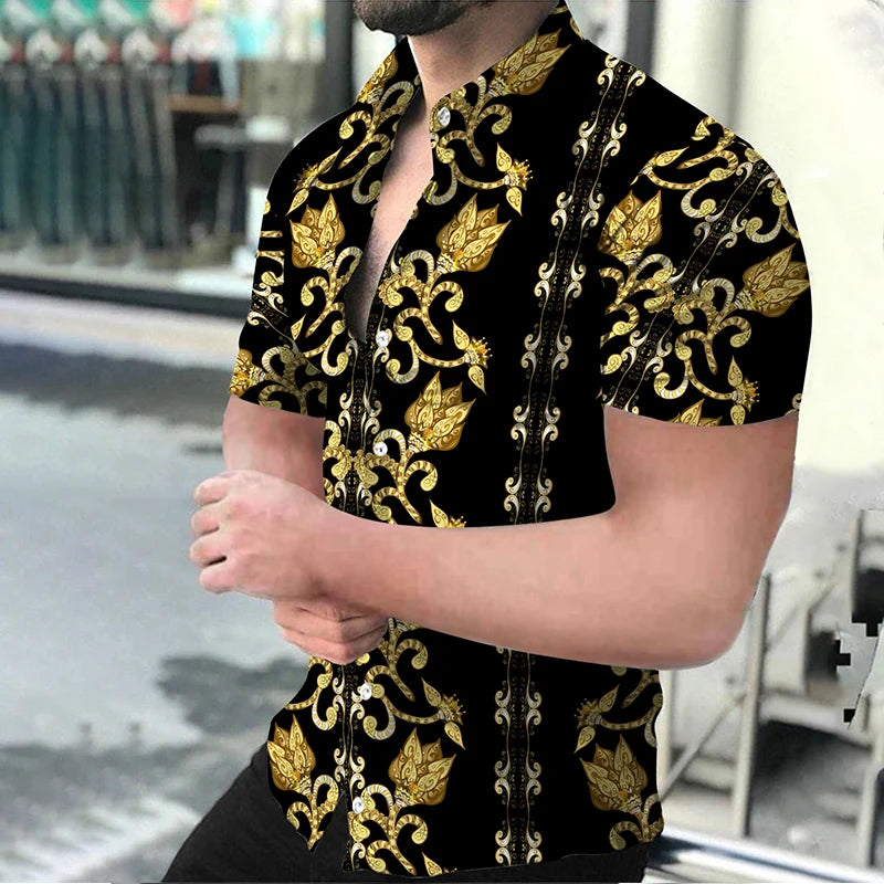 Summer Fashion Men's Casual Oversized Shirts Turn-down Collar Buttoned Shirt Stripe Print Short Sleeve Tops Party Mens Clothing