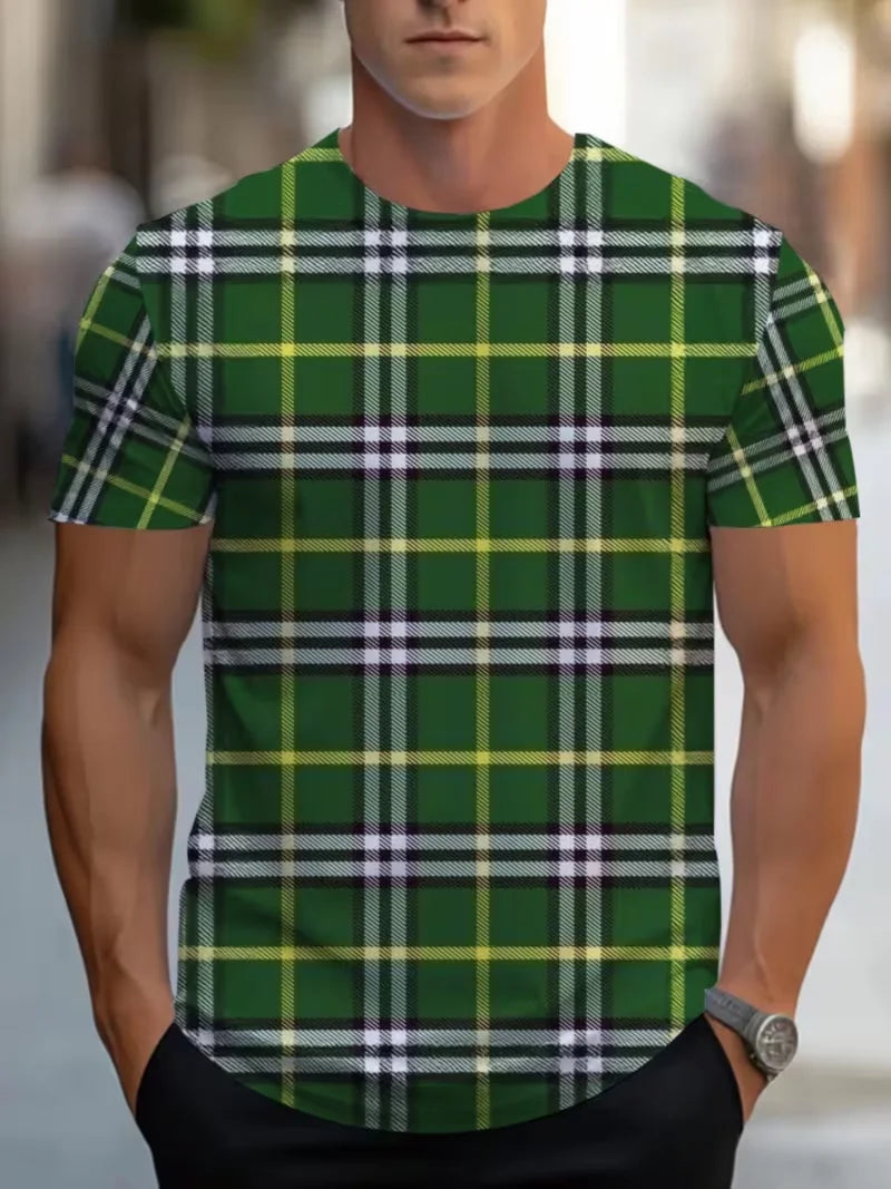 Men’s Summer Plaid Striped T-Shirt – Beige & Gray Color Block, Slim Fit Casual Crew Neck Tee for Daily Wear