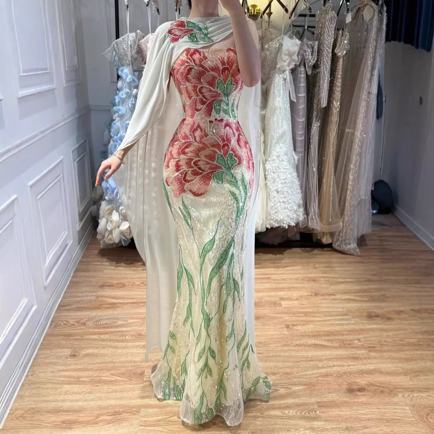 SERENE HILL 2026 Customized Purple Floral Mermaid With Shawl Evening Dress Strapless Women Formal Party Gown CLA73538A