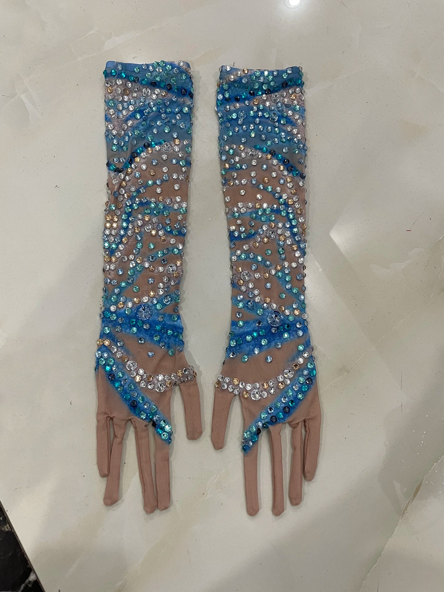 2025 Luxury Sparkly Rhinestones Blue Long Dress With Gloves Women Party Evening Birthday Dresses Celebrate Stage Catwalk Gowns