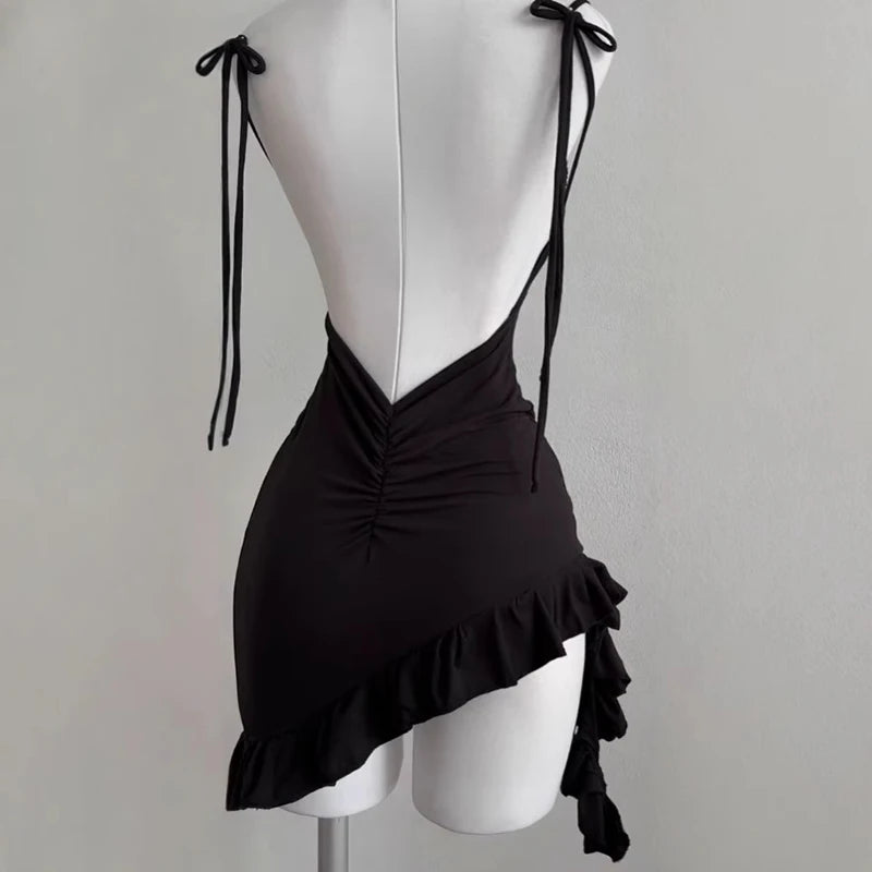2026 Sexy Sleelveless Backless Mini Dress Women Summer Europe America Lace Up Bodycon Dresses High Street Party Club Black Dress