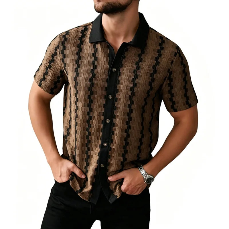 Summer Men's Knit Short Sleeve Shirt, Vintage Plaid Pattern Casual Button Up Top, Breathable Textured Fabric for Daily Vacation