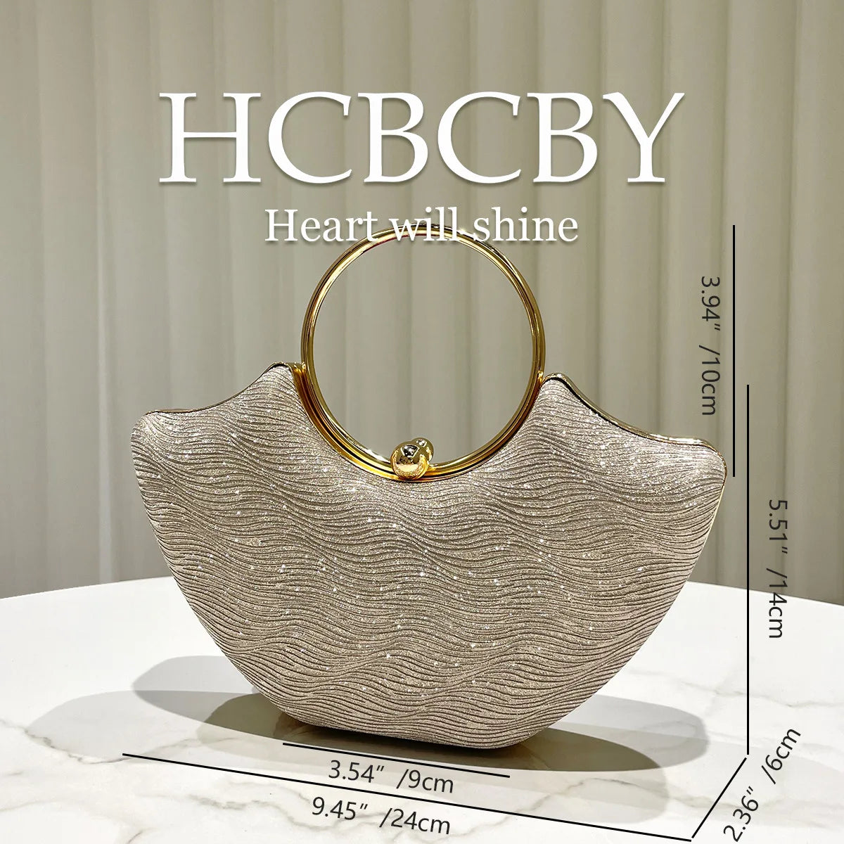 Gold shiny elegant water ripple ring handbag, women's fashion temperament dinner bag, bridal evening dress bag