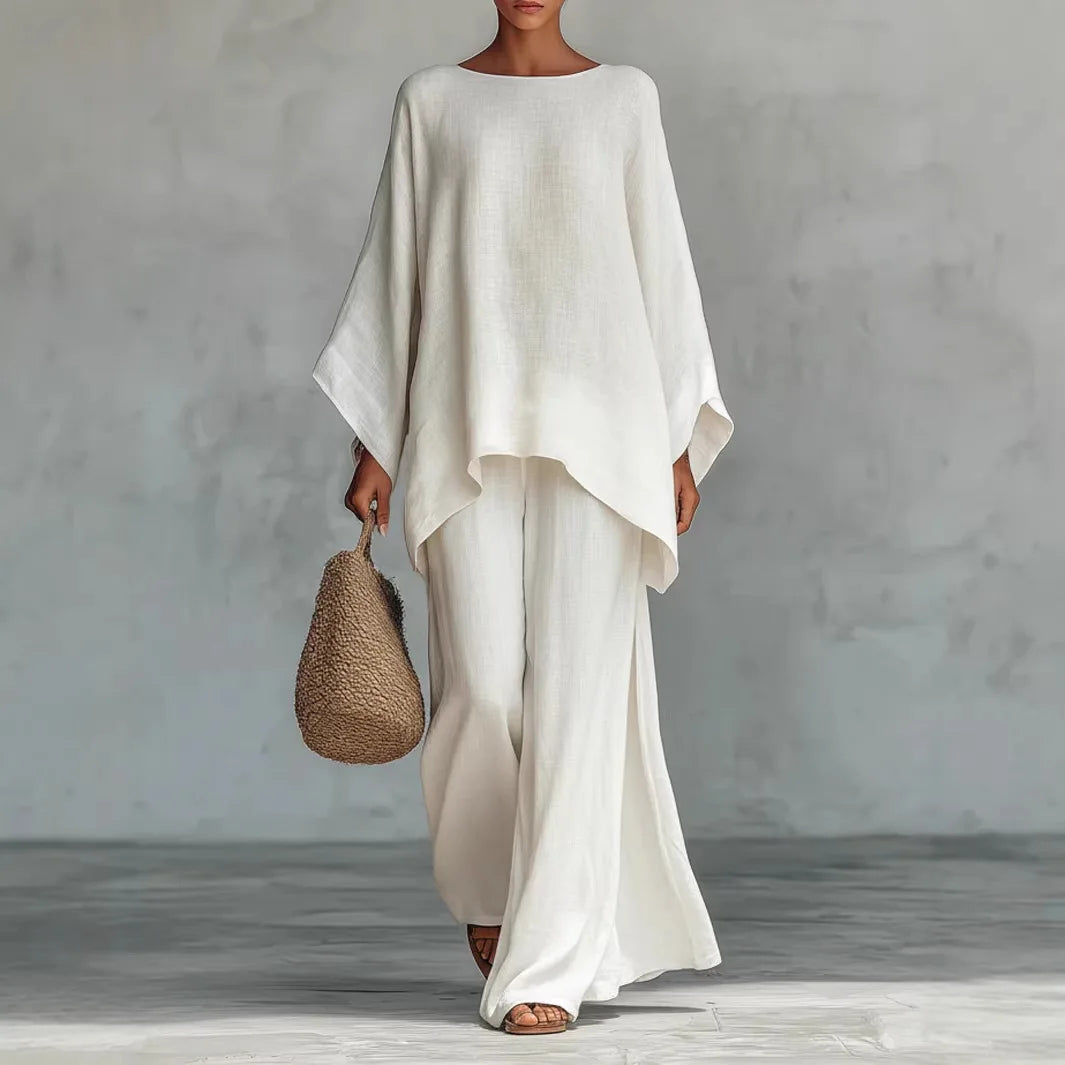 Spring New Fashion Linen Loose Long-sleeved Wide-leg Trousers 2-piece Set Women Casual Retro Elegant Female Simple Suit