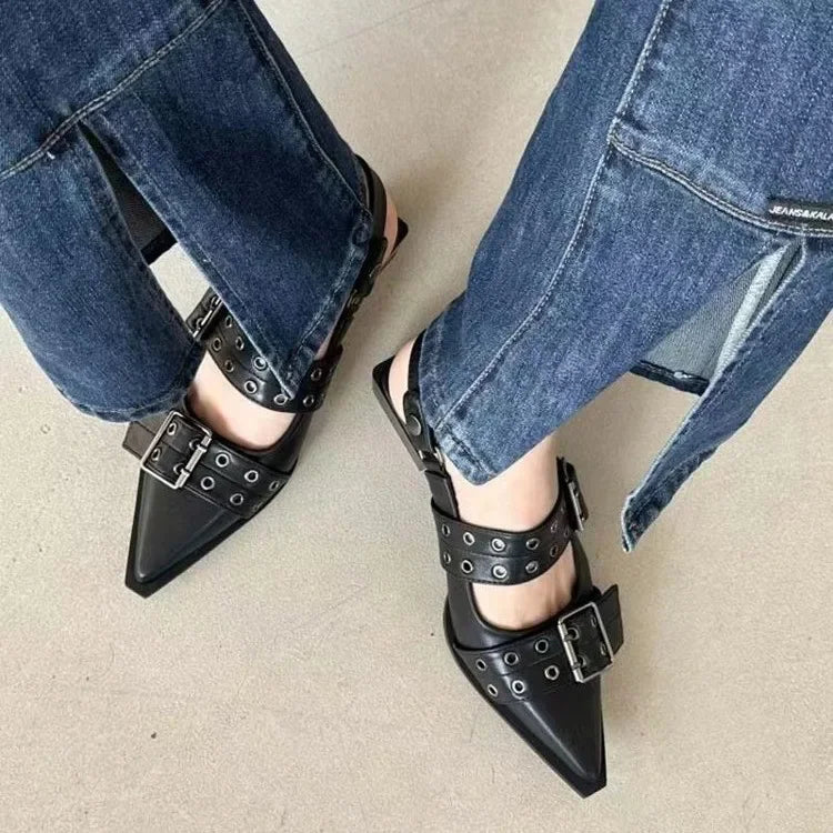 Women's New French Style Pointed Toe Mary Jane Shoes Retro Medium Thick Heel Shoes for Women with Skirts and Small Leather Shoes