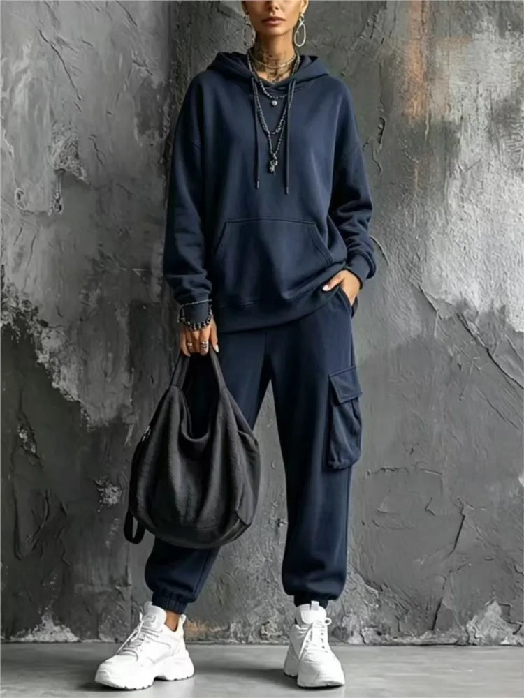 Autumn Winter New Casual Solid Color Hooded Sweatshirt Trousers Set 2026 Fashion Pocket Loose Sports Trousers Female 2 Piece Set