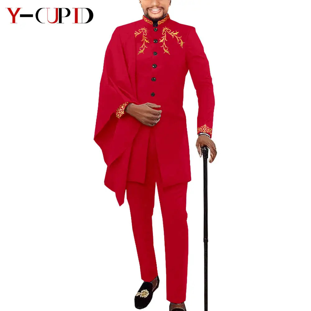 African Couple Matching Clothes for Wedding Women Slim Mermaid Dress Bazin Riche Men Irregular Jacket Pant Sets with Hat Y23C011