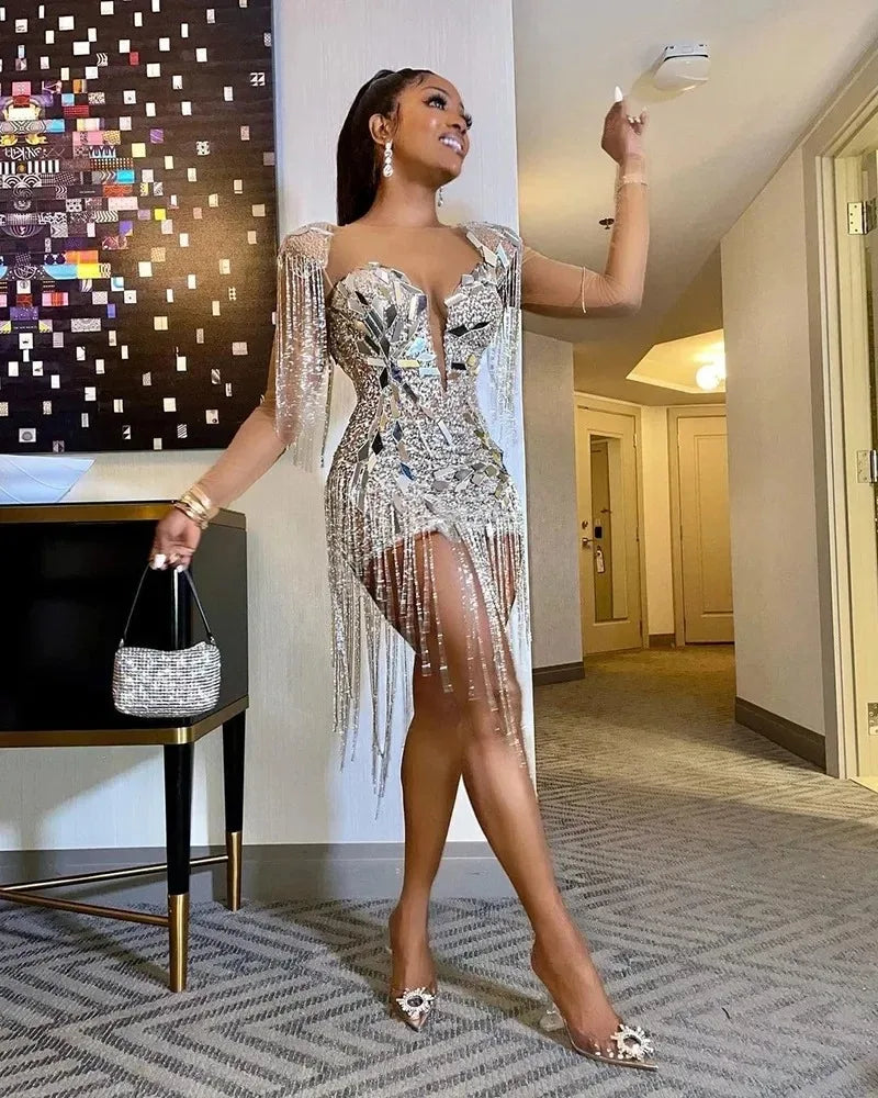 Short Golden Prom Dresses Luxury Black Girls Beaded Crystal with Tassel Birthday Cocktail Party Gowns Homecoming Customized