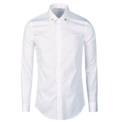 New Men's Long Sleeve Shirt Collar Golden Embroidered Bee Fashion Body Black and White plus size Shirt Men's Base Shirt