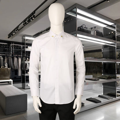 New Men's Long Sleeve Shirt Collar Golden Embroidered Bee Fashion Body Black and White plus size Shirt Men's Base Shirt