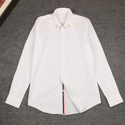 New Men's Long Sleeve Shirt Collar Golden Embroidered Bee Fashion Body Black and White plus size Shirt Men's Base Shirt