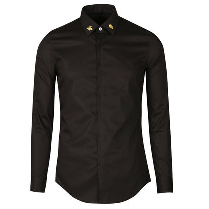 New Men's Long Sleeve Shirt Collar Golden Embroidered Bee Fashion Body Black and White plus size Shirt Men's Base Shirt