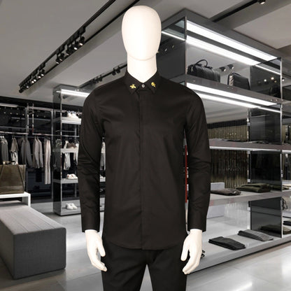 New Men's Long Sleeve Shirt Collar Golden Embroidered Bee Fashion Body Black and White plus size Shirt Men's Base Shirt