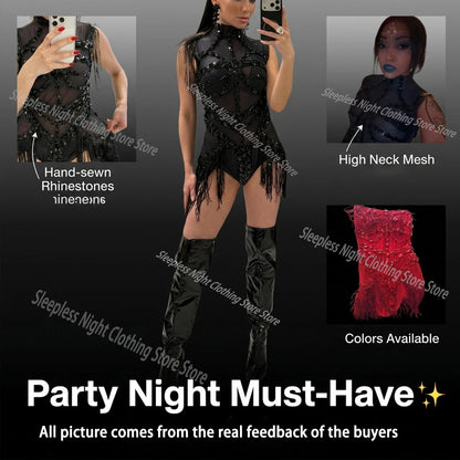 Sexy Mesh Sheer Black Rhinestone Tassel Bodysuit Women Singer Dancer Stage Show Outfit Nightclub Leotard Party Performance Wear