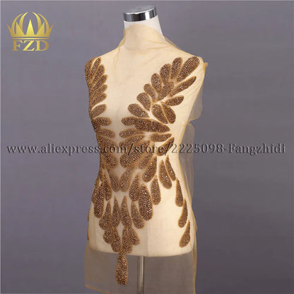 FZD 1 PC Silver Rhinestone Crystal Patches Handmade Gold Crystal Glass Rhinestone Bodice Applique Sew on Wedding Evening Dresses