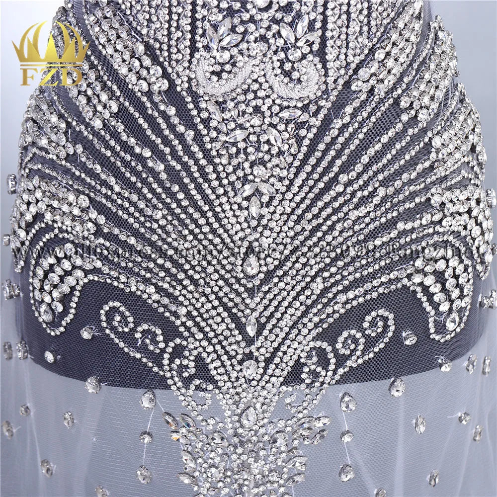 FZD 1 PC Silver Rhinestone Crystal Patches Handmade Gold Crystal Glass Rhinestone Bodice Applique Sew on Wedding Evening Dresses
