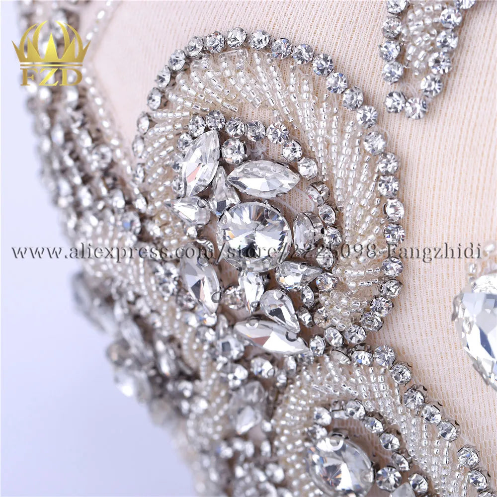 FZD 1 PC Silver Rhinestone Crystal Patches Handmade Gold Crystal Glass Rhinestone Bodice Applique Sew on Wedding Evening Dresses