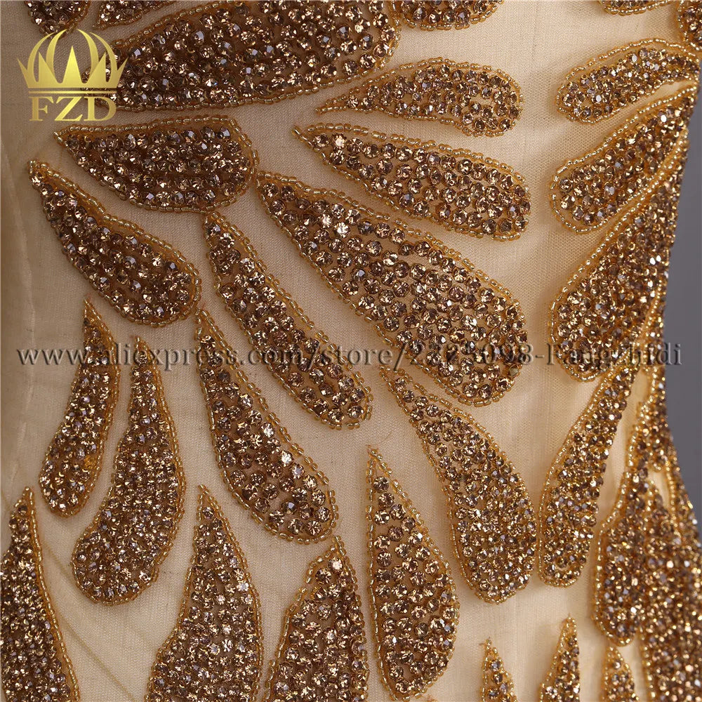FZD 1 PC Silver Rhinestone Crystal Patches Handmade Gold Crystal Glass Rhinestone Bodice Applique Sew on Wedding Evening Dresses