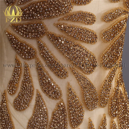 FZD 1 PC Silver Rhinestone Crystal Patches Handmade Gold Crystal Glass Rhinestone Bodice Applique Sew on Wedding Evening Dresses