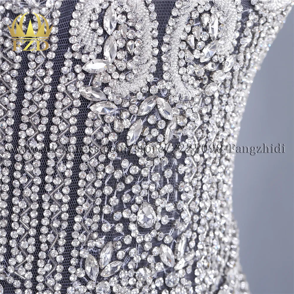 FZD 1 PC Silver Rhinestone Crystal Patches Handmade Gold Crystal Glass Rhinestone Bodice Applique Sew on Wedding Evening Dresses