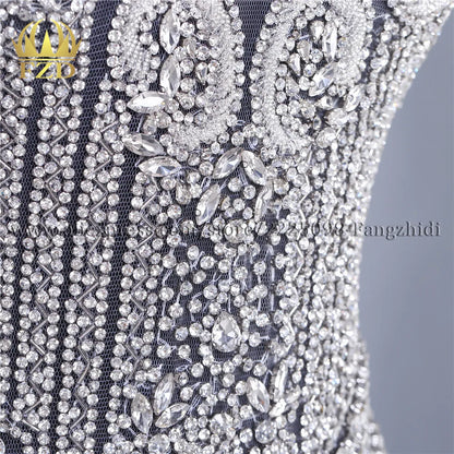 FZD 1 PC Silver Rhinestone Crystal Patches Handmade Gold Crystal Glass Rhinestone Bodice Applique Sew on Wedding Evening Dresses