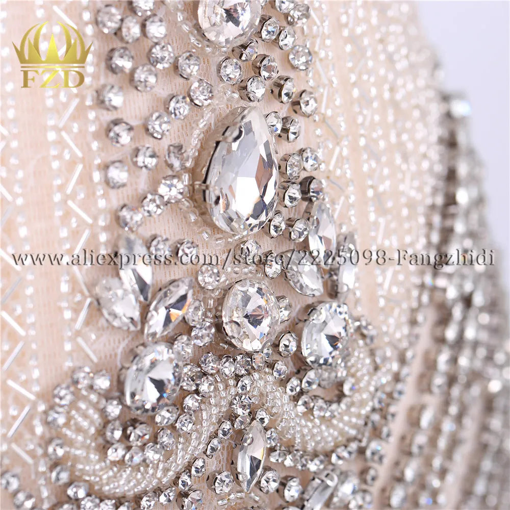 FZD 1 PC Silver Rhinestone Crystal Patches Handmade Gold Crystal Glass Rhinestone Bodice Applique Sew on Wedding Evening Dresses