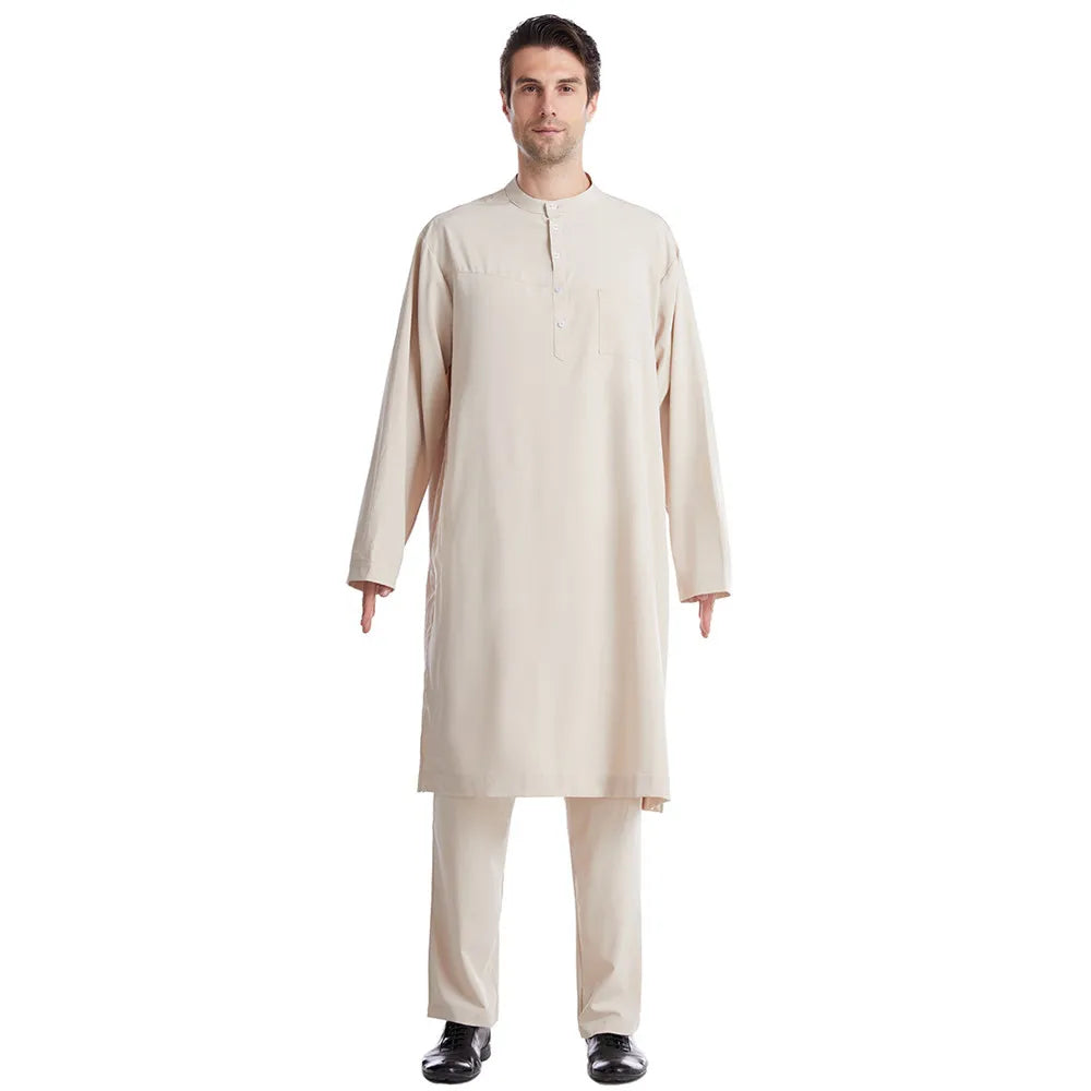 Men Jubba Thobe Muslim Two Pieces Set For Male Pakistan Dubai Saudi Abaya Prayer Islamic Clothing Worship Suit Arabic Ramadan