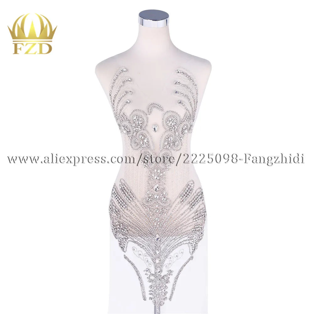 FZD 1 PC Silver Rhinestone Crystal Patches Handmade Gold Crystal Glass Rhinestone Bodice Applique Sew on Wedding Evening Dresses