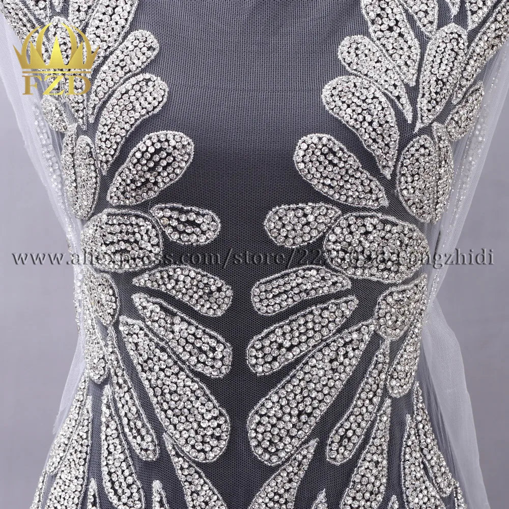 FZD 1 PC Silver Rhinestone Crystal Patches Handmade Gold Crystal Glass Rhinestone Bodice Applique Sew on Wedding Evening Dresses