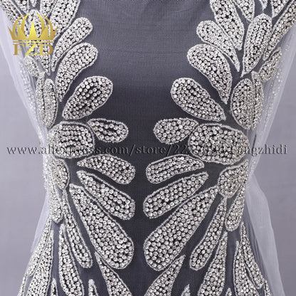 FZD 1 PC Silver Rhinestone Crystal Patches Handmade Gold Crystal Glass Rhinestone Bodice Applique Sew on Wedding Evening Dresses