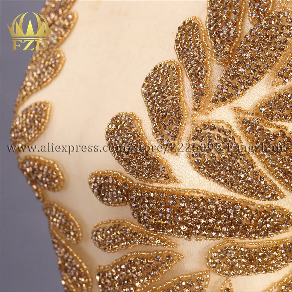 FZD 1 PC Silver Rhinestone Crystal Patches Handmade Gold Crystal Glass Rhinestone Bodice Applique Sew on Wedding Evening Dresses