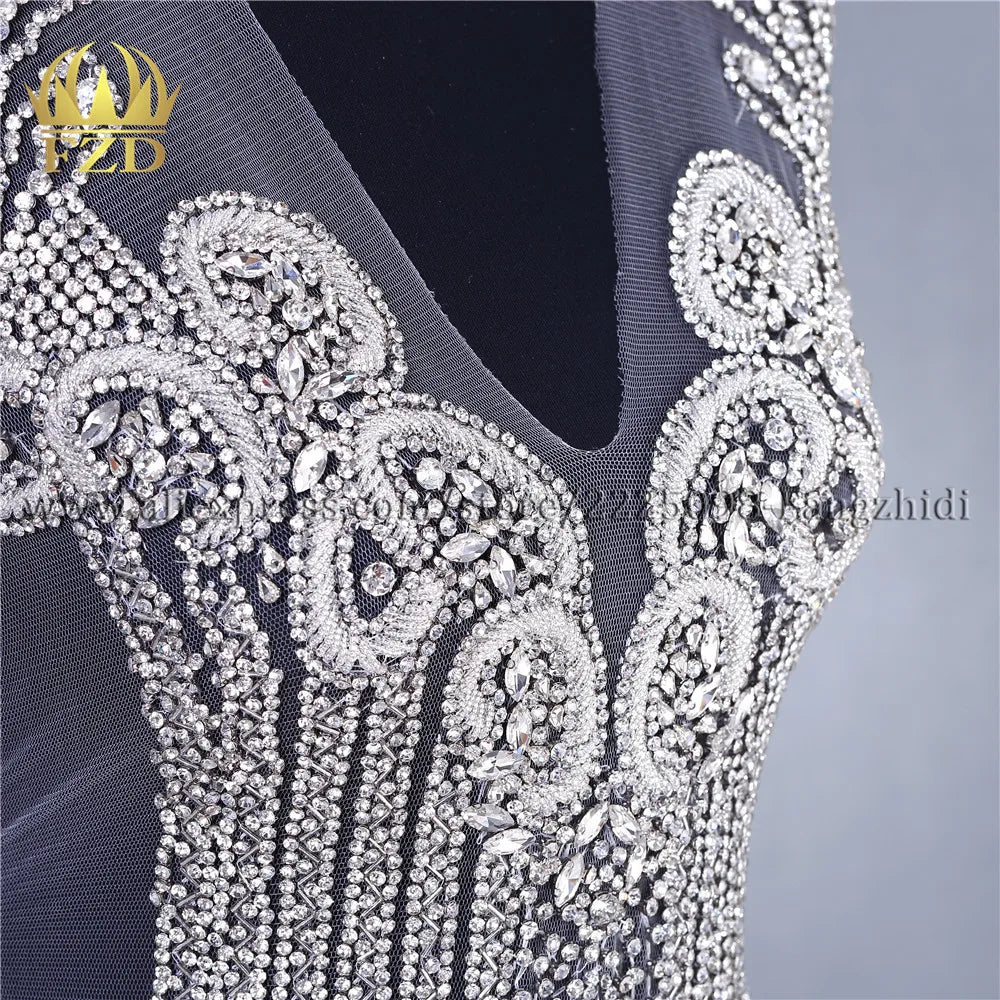 FZD 1 PC Silver Rhinestone Crystal Patches Handmade Gold Crystal Glass Rhinestone Bodice Applique Sew on Wedding Evening Dresses