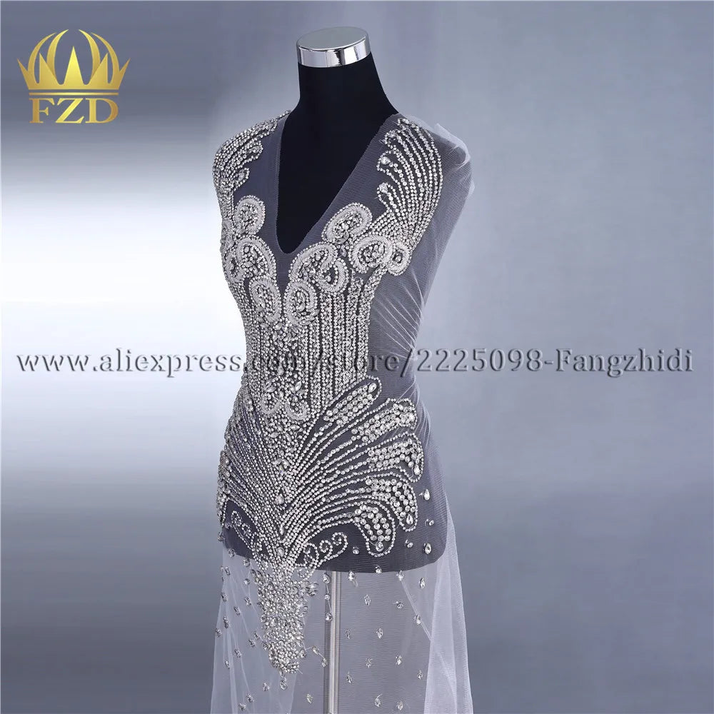 FZD 1 PC Silver Rhinestone Crystal Patches Handmade Gold Crystal Glass Rhinestone Bodice Applique Sew on Wedding Evening Dresses