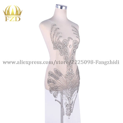 FZD 1 PC Silver Rhinestone Crystal Patches Handmade Gold Crystal Glass Rhinestone Bodice Applique Sew on Wedding Evening Dresses