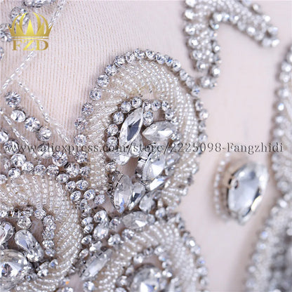 FZD 1 PC Silver Rhinestone Crystal Patches Handmade Gold Crystal Glass Rhinestone Bodice Applique Sew on Wedding Evening Dresses