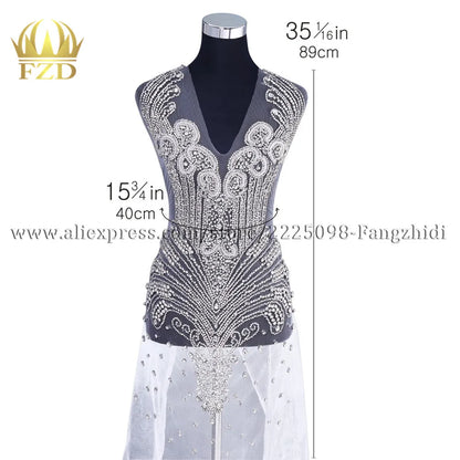 FZD 1 PC Silver Rhinestone Crystal Patches Handmade Gold Crystal Glass Rhinestone Bodice Applique Sew on Wedding Evening Dresses