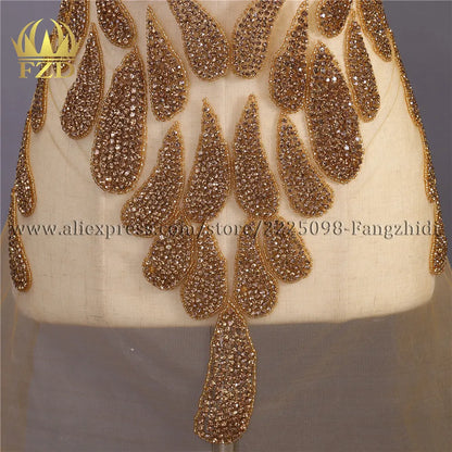 FZD 1 PC Silver Rhinestone Crystal Patches Handmade Gold Crystal Glass Rhinestone Bodice Applique Sew on Wedding Evening Dresses