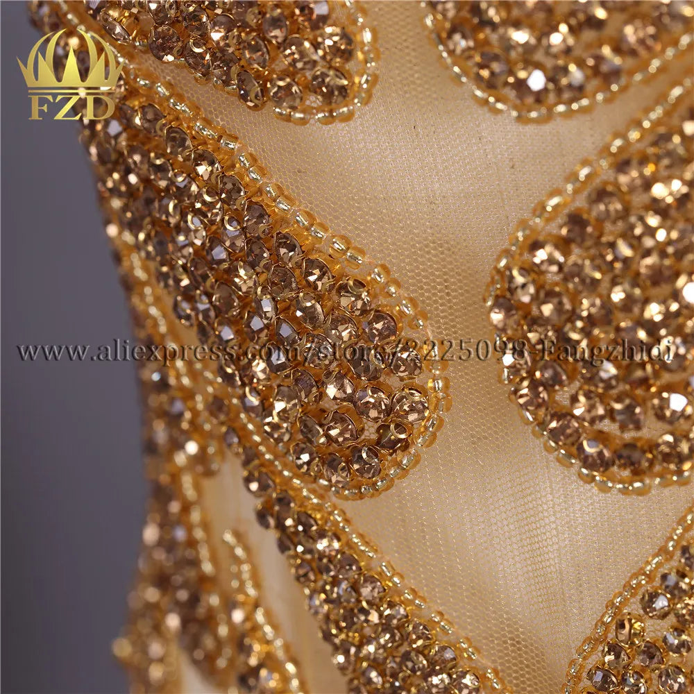 FZD 1 PC Silver Rhinestone Crystal Patches Handmade Gold Crystal Glass Rhinestone Bodice Applique Sew on Wedding Evening Dresses