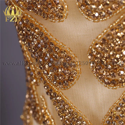 FZD 1 PC Silver Rhinestone Crystal Patches Handmade Gold Crystal Glass Rhinestone Bodice Applique Sew on Wedding Evening Dresses