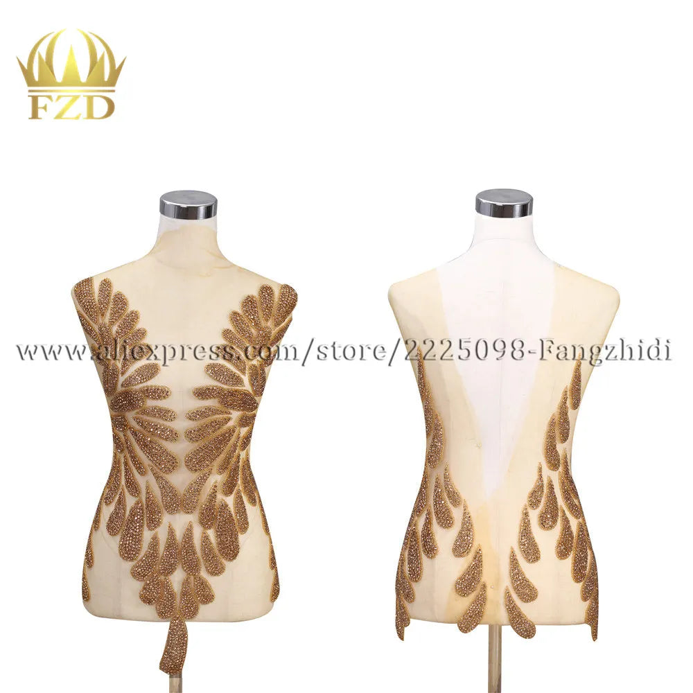 FZD 1 PC Silver Rhinestone Crystal Patches Handmade Gold Crystal Glass Rhinestone Bodice Applique Sew on Wedding Evening Dresses
