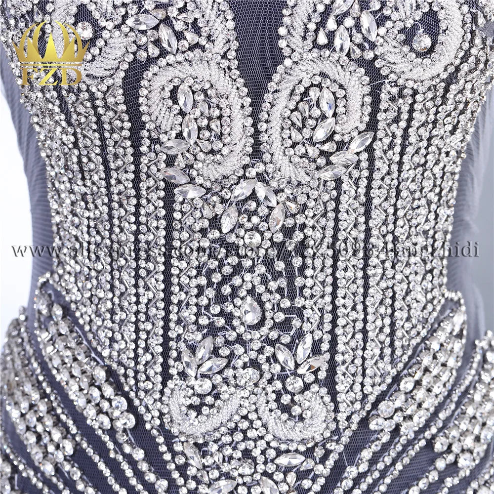 FZD 1 PC Silver Rhinestone Crystal Patches Handmade Gold Crystal Glass Rhinestone Bodice Applique Sew on Wedding Evening Dresses