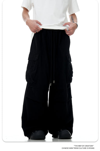 11Kn American Paratrooper Cargo Pants for Men and Women, Retro Draped, Multi-Flap Pocket Pants Drawstring, Wide Legs, Slim Straight Casual Pants