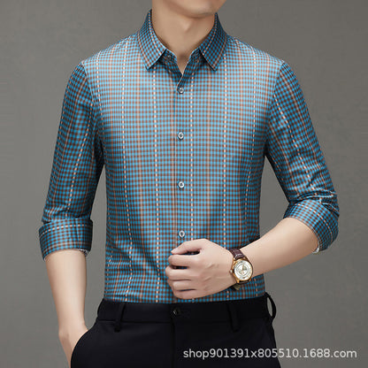Spring and Autumn New Men's Shirt Cotton Plaid Business Casual Fashion Striped Non-Ironing Slim Long Sleeve Linen Shirt