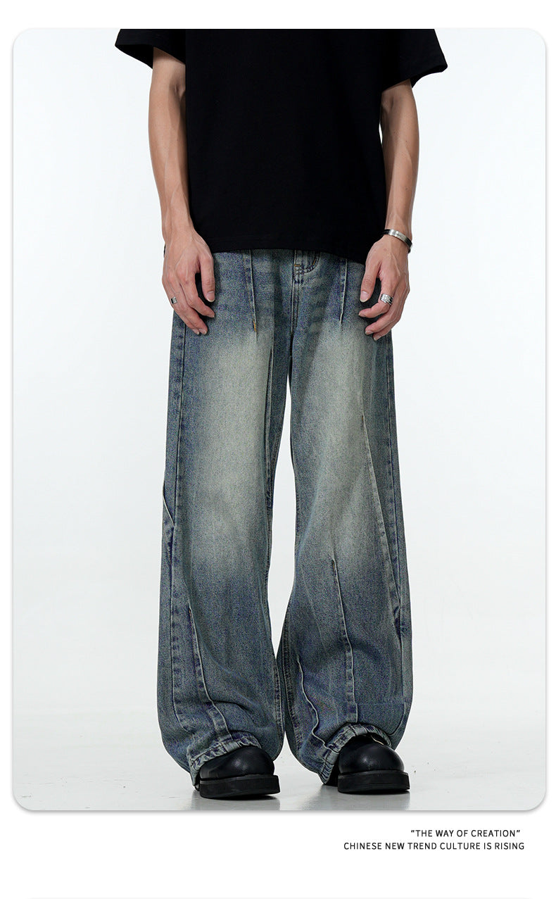 11Kn American Blue Jeans for Men and Women, Deconstructed Design, Retro Distressed Washed Straight Leg Trendy Loose Wide Leg Pants
